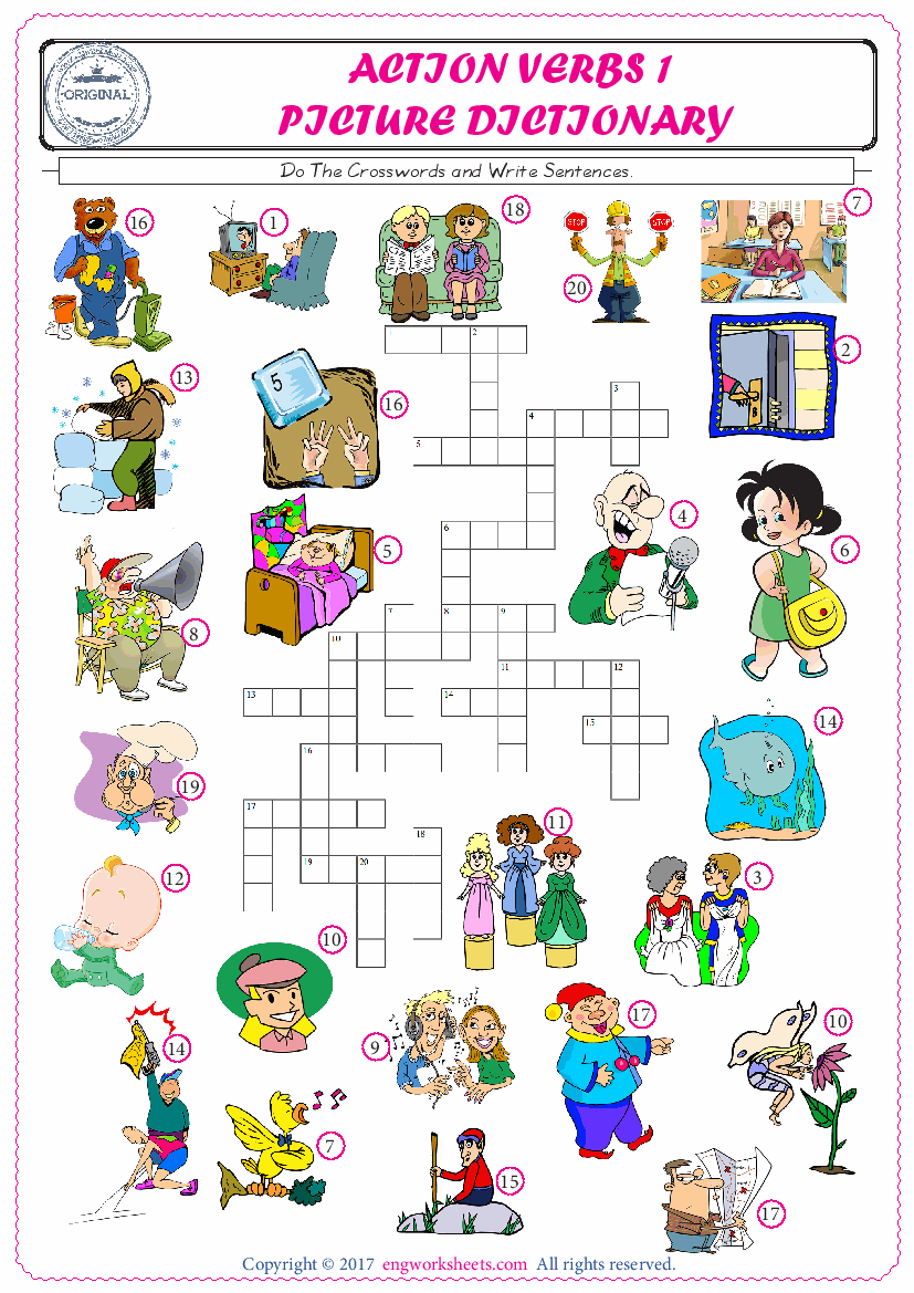  ESL printable worksheet for kids, supply the missing words of the crossword by using the Action Verbs picture. 